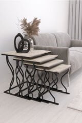 Hayal 4'lü Kare Zigon Sehpa Seti Siyah Ayak, Traverten Mdf