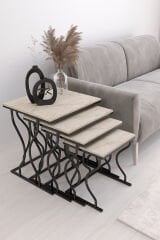 Hayal 4'lü Kare Zigon Sehpa Seti Siyah Ayak, Traverten Mdf