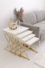 Hayal 4'lü Kare Zigon Sehpa Seti Gold Ayak, Beyaz Renk Parlak Yüzey Mdf