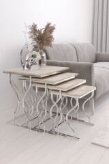 Hayal Kare Zigon Sehpa Seti Gümüş Ayak, Traverten Mdf