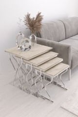 Hayal Kare Zigon Sehpa Seti Gümüş Ayak, Traverten Mdf