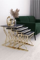 Hayal 4'lü Kare Zigon Sehpa Seti Gold Ayak, Antrasit Parlak Yüzey Mdf