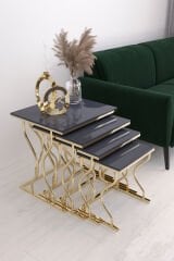 Hayal 4'lü Kare Zigon Sehpa Seti Gold Ayak, Antrasit Parlak Yüzey Mdf