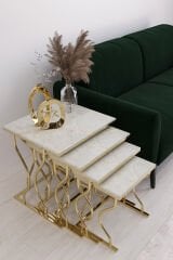 Hayal 4'lü Kare Zigon Sehpa Seti Gold Ayak, Gold Mermer MDf