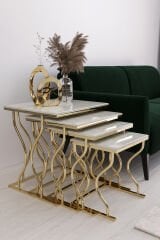 Hayal 4'lü Kare Zigon Sehpa Seti Gold Ayak, Gold Mermer MDf