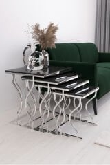 Hayal 4'lü Kare Zigon Sehpa Seti Gümüş Ayak, Siyah Mermer Desen MDf