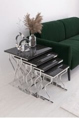 Hayal 4'lü Kare Zigon Sehpa Seti Gümüş Ayak, Siyah Mermer Desen MDf