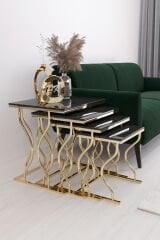 Hayal 4'lü Kare Zigon Sehpa Seti Gold Ayak, Siyah Mermer Mdf