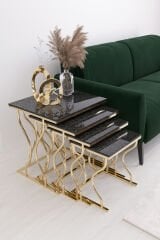 Hayal 4'lü Kare Zigon Sehpa Seti Gold Ayak, Siyah Mermer Mdf