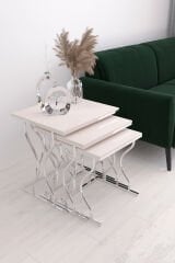 Hayal 3'lü Kare Zigon Sehpa Seti Gümüş Ayak, Krem Mdf