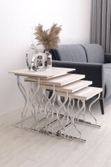 Hayal 4'lü Kare Zigon Sehpa Seti Gümüş Ayak, Krem Mdf