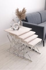 Hayal 4'lü Kare Zigon Sehpa Seti Gümüş Ayak, Krem Mdf