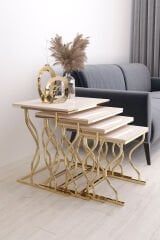 Hayal 4'lü Kare Zigon Sehpa Seti Gold Ayak, Krem Mdf