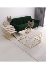 Hayal 4'lü Zigon Ve Orta Sehpa seti Gold Ayak Krem Mdf