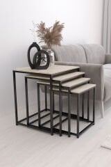 Duru 4'lü Kare Zigon Sehpa Seti Siyah Renk Ayak, Traverten Mdf