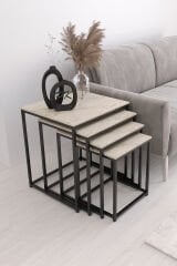 Duru 4'lü Kare Zigon Sehpa Seti Siyah Renk Ayak, Traverten Mdf