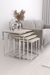 Duru 4'lü Kare Zigon Sehpa Seti Gümüş Renk Ayak, Traverten Mdf