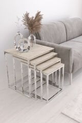 Duru 4'lü Kare Zigon Sehpa Seti Gümüş Renk Ayak, Traverten Mdf