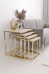 Duru 4'lü Kare Zigon Sehpa Seti Gold Ayak, Traverten Mdf