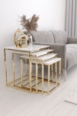Duru 4'lü Kare Zigon Sehpa Seti Gold Ayak, Beyaz Mdf