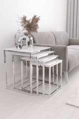 Duru 4'lü Kare Zigon Sehpa Seti Gümüş Renk Ayak, Beyaz Parlak Yüzey Mdf