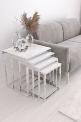 Duru 4'lü Kare Zigon Sehpa Seti Gümüş Renk Ayak, Beyaz Parlak Yüzey Mdf