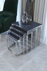 Duru 4'lü Kare Zigon Sehpa Seti Gümüş Ayak, Antrasit Parlak Yüzey Mdf