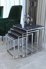 Duru 4'lü Kare Zigon Sehpa Seti Gümüş Ayak, Antrasit Parlak Yüzey Mdf