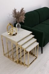 Duru 4'lü Kare Zigon Sehpa Seti Gold Ayak, Gold Mermer Desen Mdf