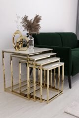 Duru 4'lü Kare Zigon Sehpa Seti Gold Ayak, Gold Mermer Desen Mdf