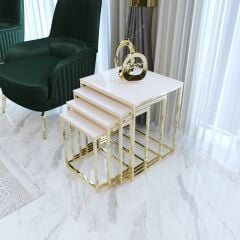 Duru 4'lü Kare Zigon Sehpa Seti Gold Ayak, Krem Mdf