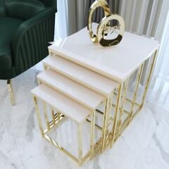 Duru 4'lü Kare Zigon Sehpa Seti Gold Ayak, Krem Mdf