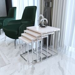 Duru 4'lü Kare Zigon Sehpa Seti Gümüş Ayak, Krem Mdf