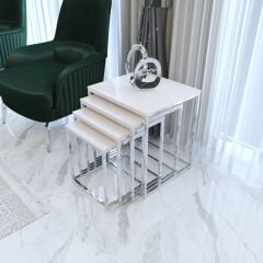 Duru 4'lü Kare Zigon Sehpa Seti Gümüş Ayak, Krem Mdf