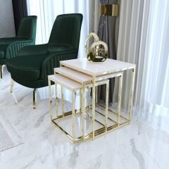 Duru 3'lü Kare Zigon Sehpa Seti Gold Ayak, Krem Mdf
