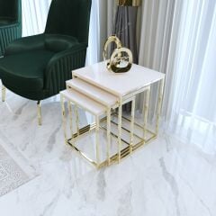 Duru 3'lü Kare Zigon Sehpa Seti Gold Ayak, Krem Mdf