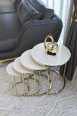 Ceylin 4lü Zigon Sehpa Gold Renk Metal Ayak, Parlak Krem Mdf